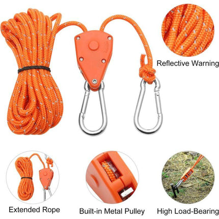 2 Pieces 4M Adjustable Ratchet ROpe, Orange 1/8 Ratchet Pulley With 2 Replacement Hooks, Reflective Ratchet ROpe.