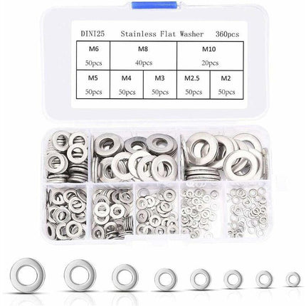 360 pcs Stainless Steel Flat Washers Assortment Kit, M2.5 M3 M4 M5 M6 M8 M10 M12 Metal Washers For Screw Sealing Gasket.
