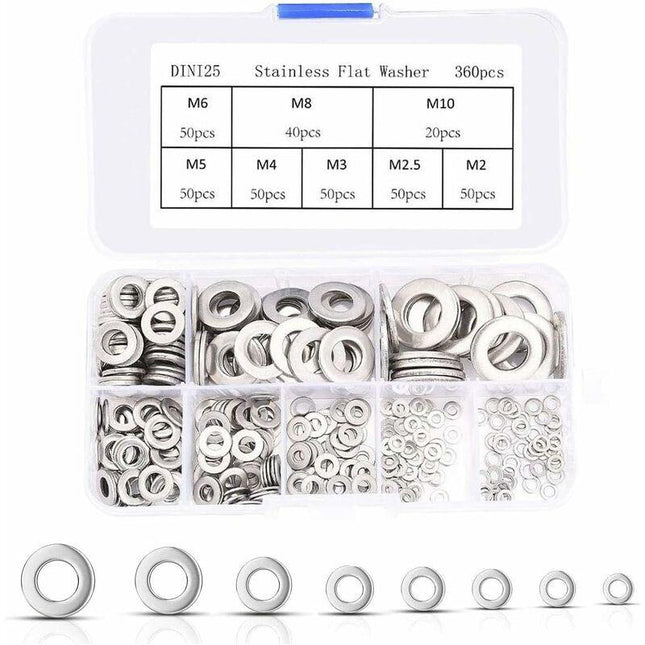360 pcs Stainless Steel Flat Washers Assortment Kit, M2.5 M3 M4 M5 M6 M8 M10 M12 Metal Washers For Screw Sealing Gasket.