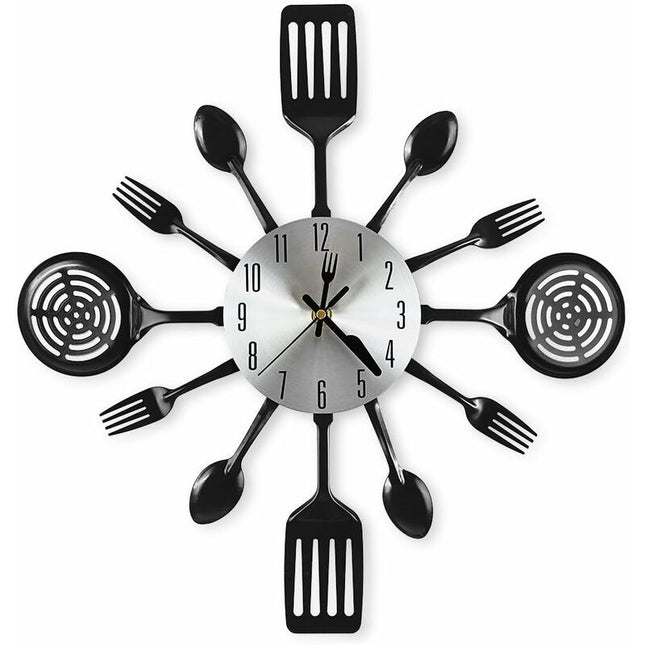 16" Large Kitchen Wall Clocks With Spoons And Forks, Great Home Decor And Nice Gifts, Black.