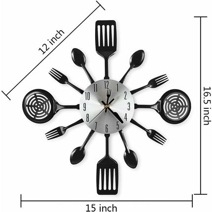 16" Large Kitchen Wall Clocks With Spoons And Forks, Great Home Decor And Nice Gifts, Black.