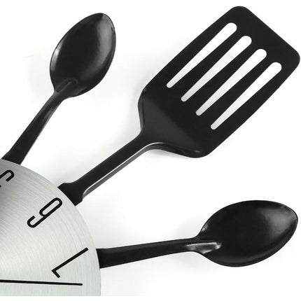 16" Large Kitchen Wall Clocks With Spoons And Forks, Great Home Decor And Nice Gifts, Black.