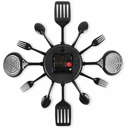 16" Large Kitchen Wall Clocks With Spoons And Forks, Great Home Decor And Nice Gifts, Black.