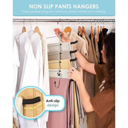 2 Pack Space Saving Hangers - Non-Slip Trouser Hanger With Foam Padded Swing Hanger Multi-Layer Hanger Organizer And.