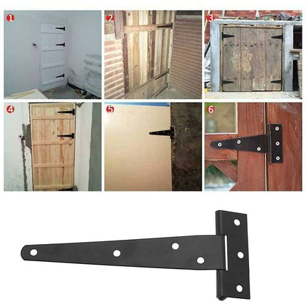 6 Pack T-Shaped Hinges For Garden Shed - 10Cm - Heavy Duty - Forged Steel - Rustproof - Black.