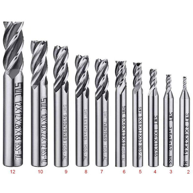 10 pcs 4 Flute End Mill Bit Set - 2-12Mm Hss Straight Shank Drill Bit Set Cnc Drill Bits Tool Set For Wood Aluminum.