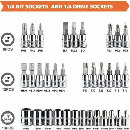 46 pcs Socket Set Chrome Vanadium 1/4" Adapter Set Socket Set For Car Diy.
