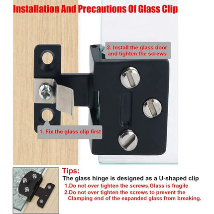 Glass Cabinet Door Hinge 4 pcs Wine Cabinet Clamp Display Door Hinge, Matte Black Zinc Alloy, No Drilling.
