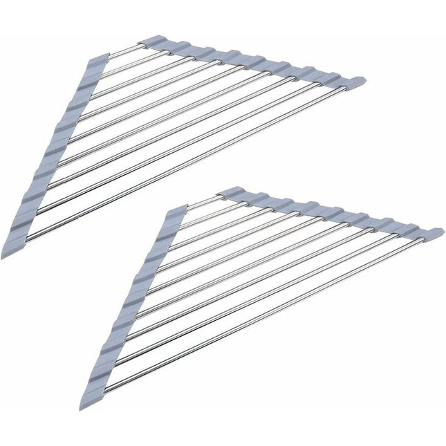 2 Pack Stainless Steel Foldable Triangular Drainer Rack For Kitchen Sink Non-Slip Grey.