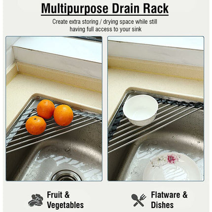 2 Pack Stainless Steel Foldable Triangular Drainer Rack For Kitchen Sink Non-Slip Grey.
