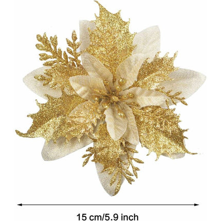 12 pcs Glitter Christmas Flowers (15Cm) With 12 pcs Artificial Poinsettia For Christmas Tree（Gold）.