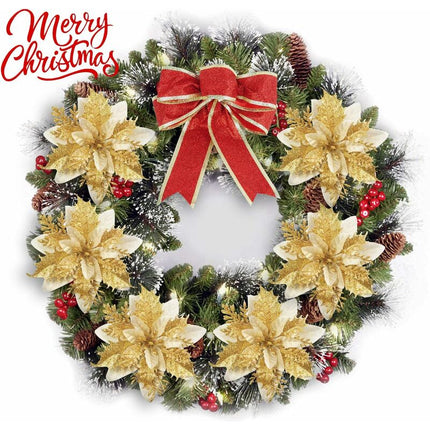 12 pcs Glitter Christmas Flowers (15Cm) With 12 pcs Artificial Poinsettia For Christmas Tree（Gold）.