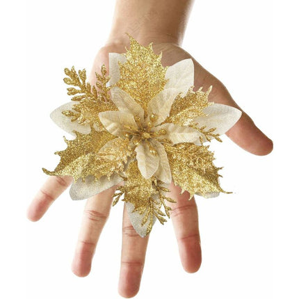 12 pcs Glitter Christmas Flowers (15Cm) With 12 pcs Artificial Poinsettia For Christmas Tree（Gold）.