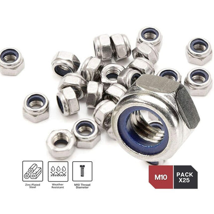 Zinc Steel Lock Nut M10 Pack 25 Hexagonal Locking Lock Nuts Ideal For Carpentry, Construction, Plumbing, Among Other.