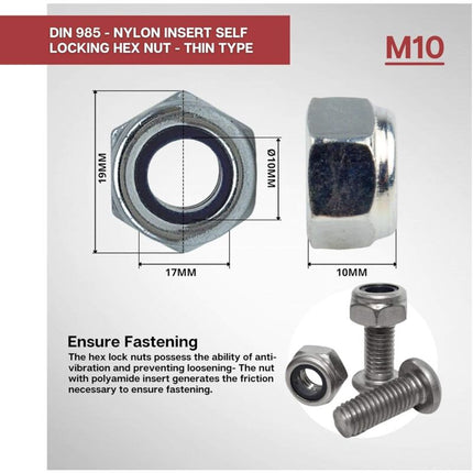 Zinc Steel Lock Nut M10 Pack 25 Hexagonal Locking Lock Nuts Ideal For Carpentry, Construction, Plumbing, Among Other.