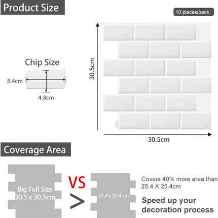 10 pcs White 3D Wall Tile Sticker Kitchen Bathroom (30.5X 30.5Cm).