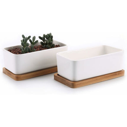 17Cm Ceramic Succulent Pot With Bamboo Tray White 2 pcs Set, Cactus Planter Cache Pot Jardinière Container Gift For.