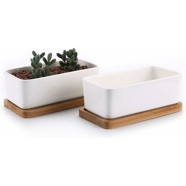 17Cm Ceramic Succulent Pot With Bamboo Tray White 2 pcs Set, Cactus Planter Cache Pot Jardinière Container Gift For.