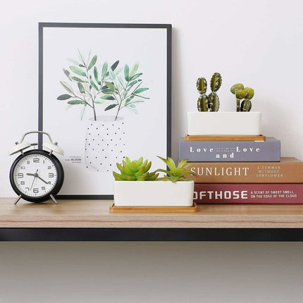 17Cm Ceramic Succulent Pot With Bamboo Tray White 2 pcs Set, Cactus Planter Cache Pot Jardinière Container Gift For.