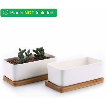 17Cm Ceramic Succulent Pot With Bamboo Tray White 2 pcs Set, Cactus Planter Cache Pot Jardinière Container Gift For.