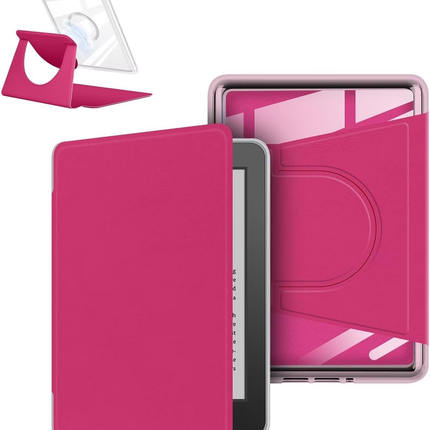 360° Rotating & Detachable Magnetic Case for 7" Kindle Paperwhite 12th Generation (2024)  – Auto Wake/Sleep, Hands-Free Stand, Clear Back Cover (Rose Red).