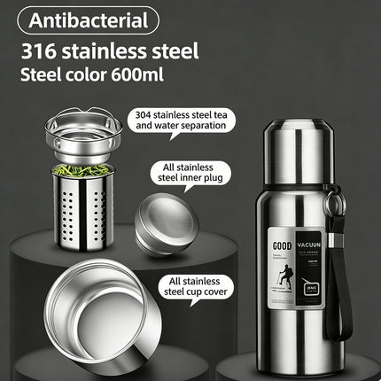 Antibacterial 316 Stainless Steel Vacuum Flask 600ml | Tea Infuser & Insulated Bottle for Hot/Cold Drinks (Bright silver).