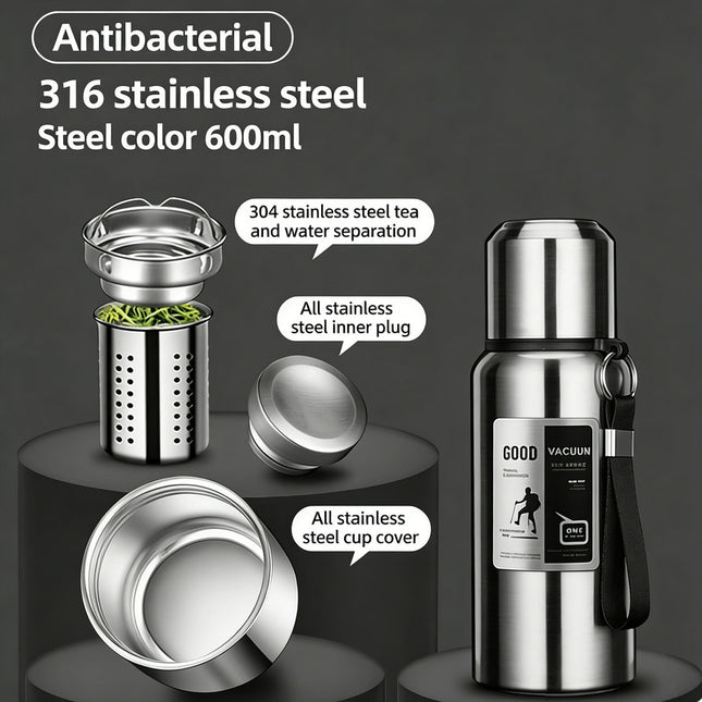 Antibacterial 316 Stainless Steel Vacuum Flask 600ml | Tea Infuser & Insulated Bottle for Hot/Cold Drinks (Bright silver).