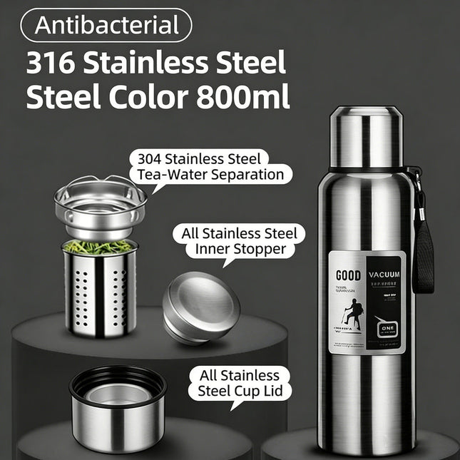 Antibacterial 316 Stainless Steel Vacuum Flask 800ml | Tea Infuser & Insulated Bottle for Hot/Cold Drinks (Bright silver).