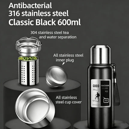 Antibacterial 316 Stainless Steel Vacuum Flask 600ml | Tea Infuser & Insulated Bottle for Hot/Cold Drinks (Black).