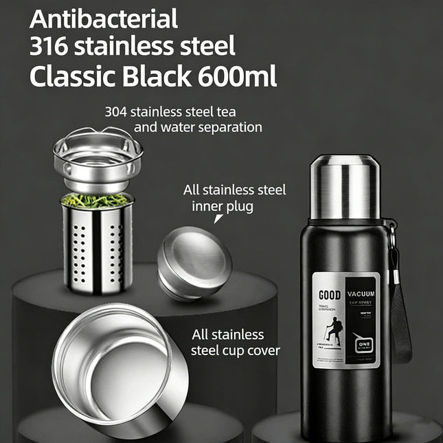 Antibacterial 316 Stainless Steel Vacuum Flask 600ml | Tea Infuser & Insulated Bottle for Hot/Cold Drinks (Black).