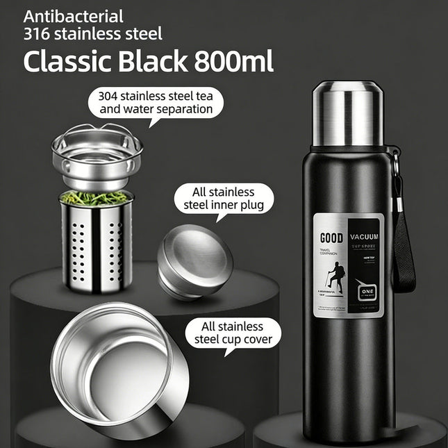 Antibacterial 316 Stainless Steel Vacuum Flask 800ml | Tea Infuser & Insulated Bottle for Hot/Cold Drinks (Black).