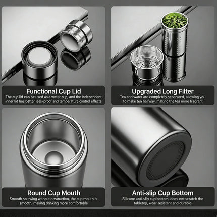 Antibacterial 316 Stainless Steel Vacuum Flask 800ml | Tea Infuser & Insulated Bottle for Hot/Cold Drinks (Black).