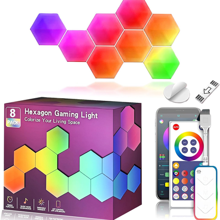 8 Pack Hexagon LED Wall Lights, Smart RGB Honeycomb Lights with APP & Voice Control, Music Sync Modular LED Panels for Gaming Room, Bedroom & Home Theater Decor.