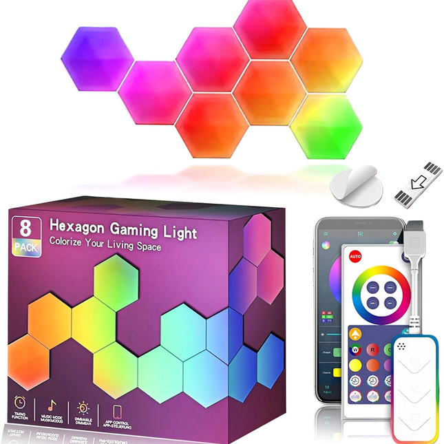 8 Pack Hexagon LED Wall Lights, Smart RGB Honeycomb Lights with APP & Voice Control, Music Sync Modular LED Panels for Gaming Room, Bedroom & Home Theater Decor.
