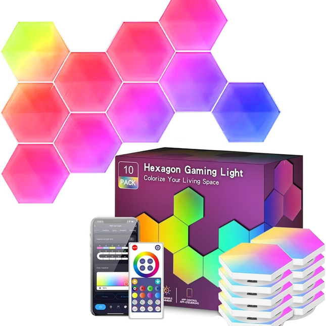 10 Pack Hexagon LED Wall Lights, Smart RGB Honeycomb Lights with APP & Voice Control, Music Sync Modular LED Panels for Gaming Room, Bedroom & Home Theater Decor.