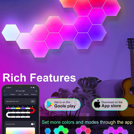 10 Pack Hexagon LED Wall Lights, Smart RGB Honeycomb Lights with APP & Voice Control, Music Sync Modular LED Panels for Gaming Room, Bedroom & Home Theater Decor.