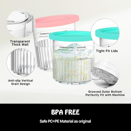 Creami pint ice cream containers and lids for Ninja, 4-piece set of cream ice cream containers/cups/jars/buckets, compatible with NC500/501 series cream ice cream machines..