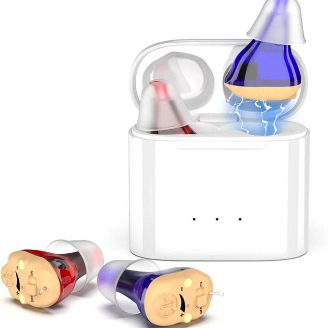 Hearing aids, wireless charging hearing aids, hearing aids with magnetic charging case, dual-channel digital in-ear hearing aids with noise reduction..