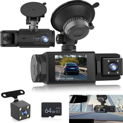 WiFi Car Dash Cam – 3-Channel Wireless Camera with App, Front, Interior, and Rear Cameras, Full HD 1080p, 2-inch IPS Screen, Night Vision, Motion Detection, Loop Recording, 64GB Memory Card Included.