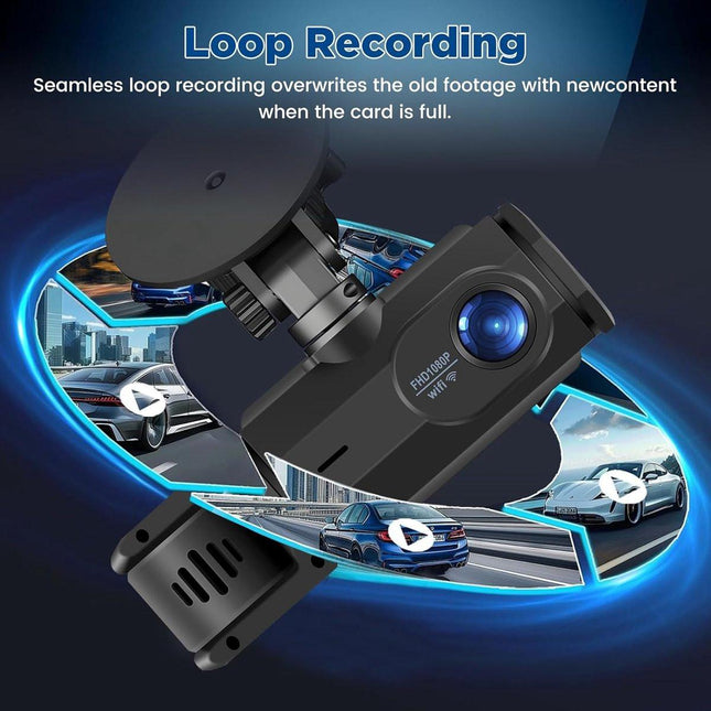 WiFi Car Dash Cam – 3-Channel Wireless Camera with App, Front, Interior, and Rear Cameras, Full HD 1080p, 2-inch IPS Screen, Night Vision, Motion Detection, Loop Recording, 64GB Memory Card Included.