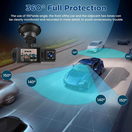 WiFi Car Dash Cam – 3-Channel Wireless Camera with App, Front, Interior, and Rear Cameras, Full HD 1080p, 2-inch IPS Screen, Night Vision, Motion Detection, Loop Recording, 64GB Memory Card Included.