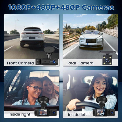 WiFi Car Dash Cam – 3-Channel Wireless Camera with App, Front, Interior, and Rear Cameras, Full HD 1080p, 2-inch IPS Screen, Night Vision, Motion Detection, Loop Recording, 64GB Memory Card Included.