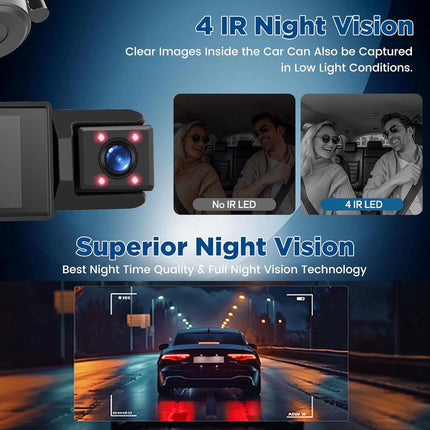 WiFi Car Dash Cam – 3-Channel Wireless Camera with App, Front, Interior, and Rear Cameras, Full HD 1080p, 2-inch IPS Screen, Night Vision, Motion Detection, Loop Recording, 64GB Memory Card Included.