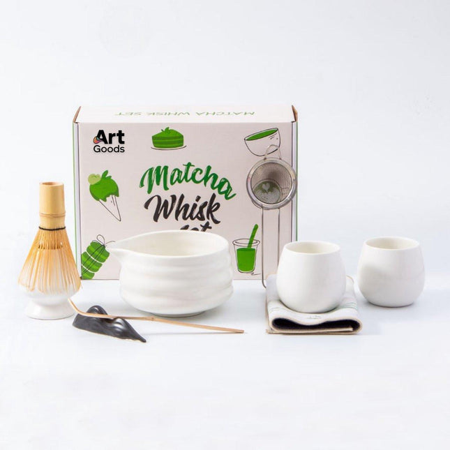 Art Goods Matcha Set 9-Piece – Complete Japanese Tea Set – White Matcha Bowl with Spout, Whisk, Cups & Accessories – Gift for Women.