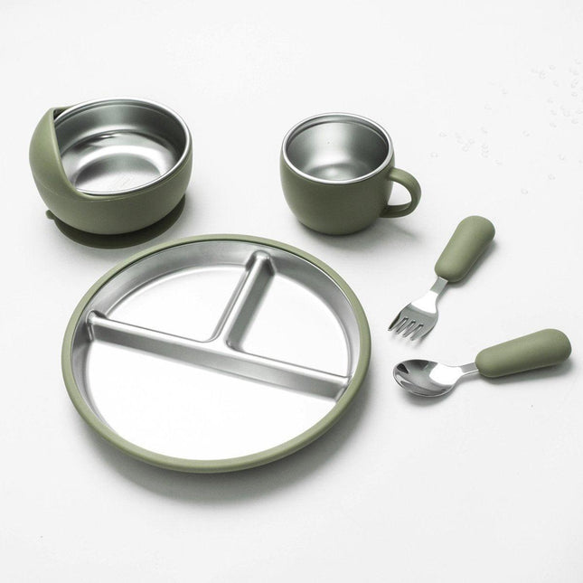 5-Piece Set - Children's Plate - Baby Plate in Stainless Steel - BPA-Free - Non-Slip - Unbreakable - Removable - Suitable for Children 1-3 Years Old - Includes Plate, Bowl, Cup, Fork, Spoon - Grass Green.