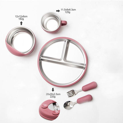 5-Piece Set - Children's Plate - Baby Plate in Stainless Steel - BPA-Free - Non-Slip - Unbreakable - Removable - Suitable for Children 1-3 Years Old - Includes Plate, Bowl, Cup, Fork, Spoon - Grass Green.
