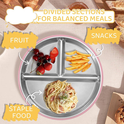 5-Piece Set - Children's Plate - Baby Plate in Stainless Steel - BPA-Free - Non-Slip - Unbreakable - Removable - Suitable for Children 1-3 Years Old - Includes Plate, Bowl, Cup, Fork, Spoon - Grass Green.