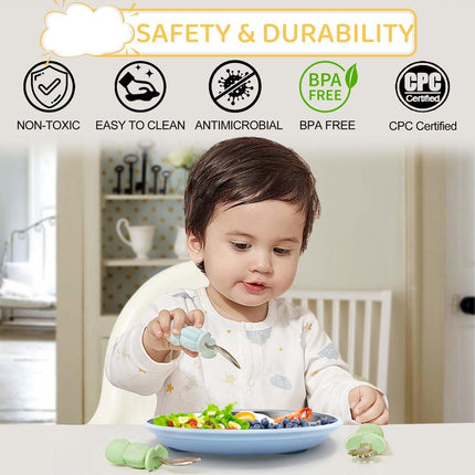 5-Piece Set - Children's Plate - Baby Plate in Stainless Steel - BPA-Free - Non-Slip - Unbreakable - Removable - Suitable for Children 1-3 Years Old - Includes Plate, Bowl, Cup, Fork, Spoon - Grass Green.