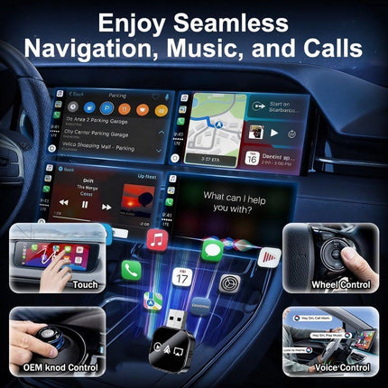 3-in-1 Wireless CarPlay Mirror Link Adapter (version 2026) compatible with iPhone/Apple/Android: automatic connection to your car's screen, dual Wi-Fi 2.4/5 GHz and Bluetooth 5.0, wired to wireless mode (iPhone compatible, 1 piece).