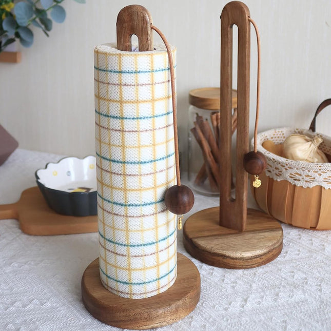 Wooden paper towel roll holder, freestanding farmhouse-style kitchen organizer, compatible with most paper towel rolls.